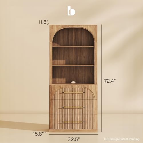 BELLEZE Display Storage Cabinet with Hutch Set of 2, 72" Tall Wood Moder...