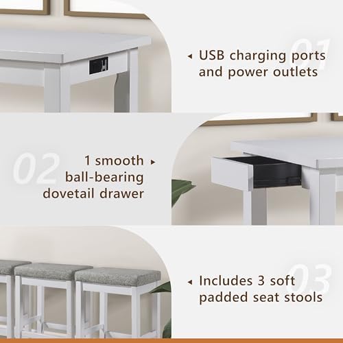 Lexicon 4-Piece Counter Height Table & Stool Sets with USB Ports, White