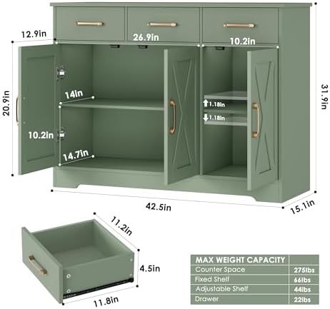 HOSTACK Kitchen Buffet Cabinet with Storage, Sideboard Coffee Bar, Green