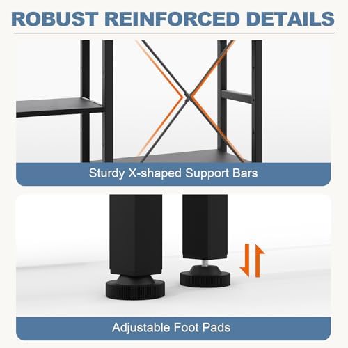 DUMOS Triple Column 4 Tier Bookshelf, Wide Industrial Bookcase, Black