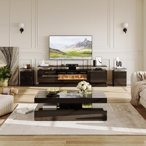 4-Piece Modern Living Room Table Set, Black | Includes High Gloss 70" Fi...