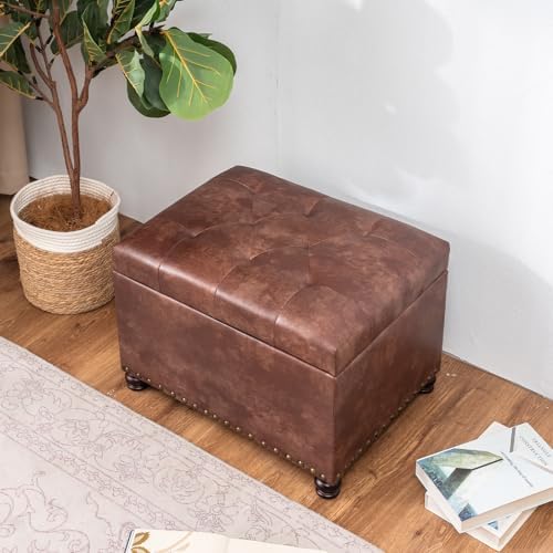 Joveco Leather Storage Ottoman, 24" Rectangle Tufted Square Upholstered ...