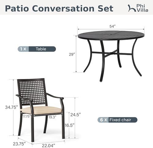 PHI VILLA Outdoor Dining Set for 6, 54" Round Metal Table w/Umbrella Hole