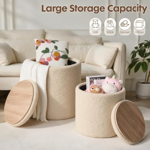 YYW HOME Round Storage Ottoman for Living Room, Beige Ottoman Set of 2