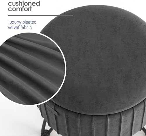 Round Ottoman with Storage, Pleated Velvet Storage Ottoman, Foot Stool Ottoma...