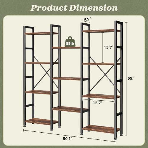 Huuger 4 Tier Bookshelf, 55'' Tall Bookcase, 11 Open Shelves, Rustic ...