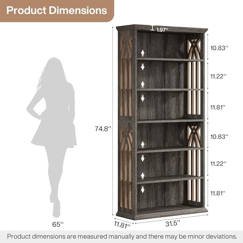 Tribesigns 6-Tier Gray Bookshelf, 75-Inch Tall Bookcase, Large Bookshelves an...