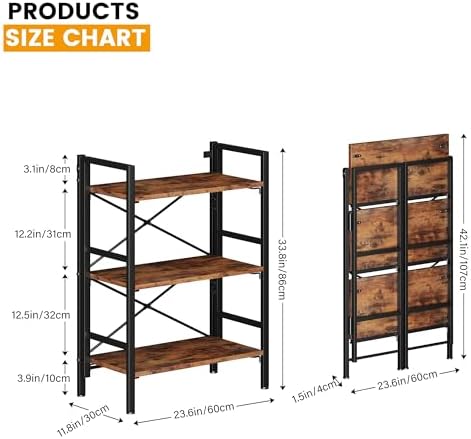 Homeiju Folding Bookshelf No Assembly, 3 Tier Bookcase Foldable Shelf