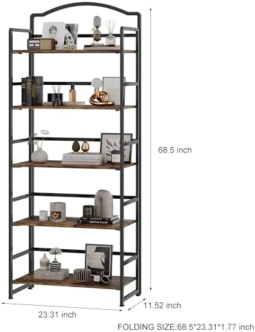 JSB 5 Tier No Assembly Folding Bookshelf, Arched Bookshelf, Foldable Bookcase...