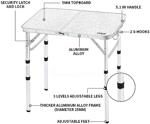Folding Camping Table, Adjustable Height Portable Picnic Table, 24"x 16&...