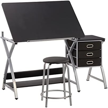 Adjustable Drafting Table for Artists with Stool, Sturdy X-Cross Metal Frame ...