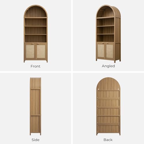 SICOTAS 84.2" Tall Arched Bookcase with Doors - 5 Tier Rattan Bookshelf