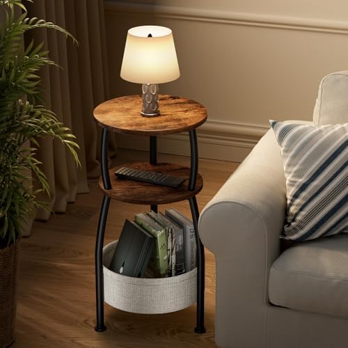 Round Side Table for Small Spaces with Storage Basket, 11.81in