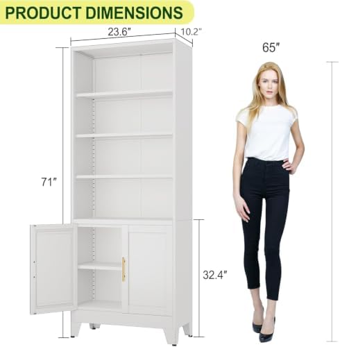 Metal Bookcase with Doors, White 71" Tall Bookcase with Storage, Floor I...