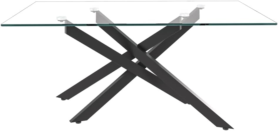 39.37-Inch Glass Coffee Table, Clear Tempered Top with Black Metal Legs | Rec...