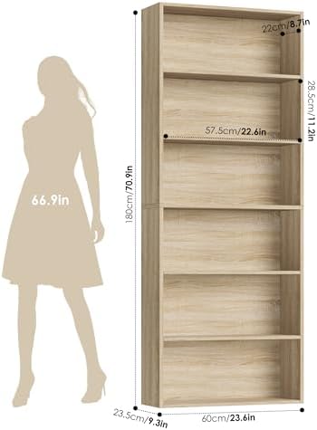FOTOSOK 6 Tier Tall Bookshelf Bookcase with Open Display Shelves, Light Oak