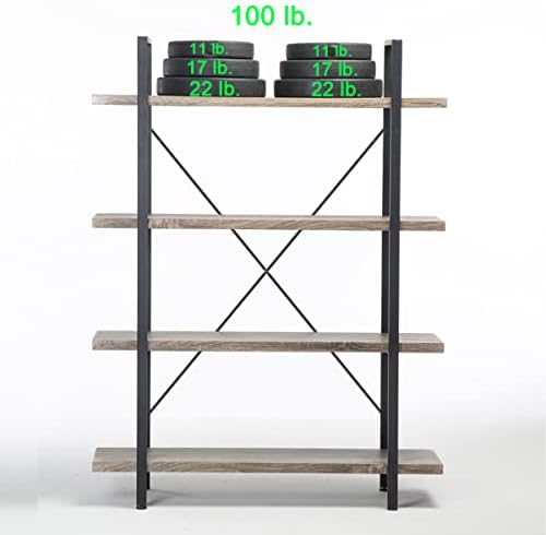 HSH 4-Shelf Bookshelf, Industrial Bookcase for Home Office, Light Grey Oak