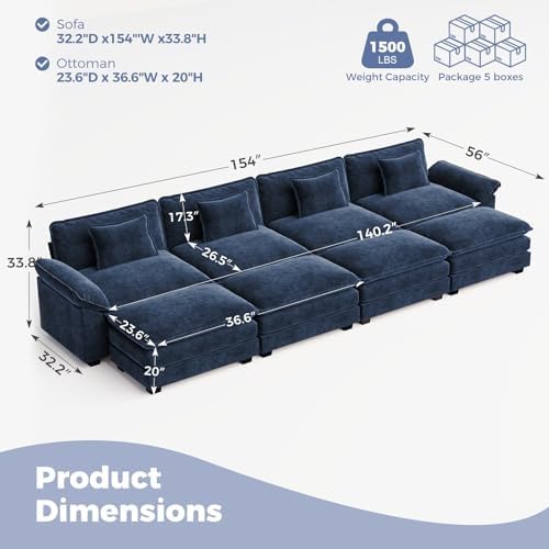 CDCASA 154" Modular Sectional Sofa, Comfy Cloud Couch with 4 Movable Ott...