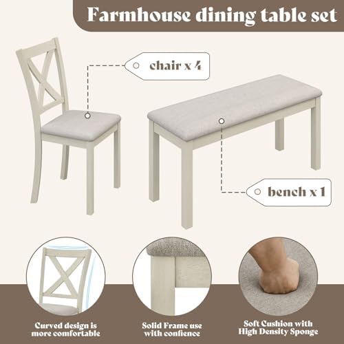 LUXOAK 6 Piece Solid Wood Dining Table Set with 71" Farmhouse Table