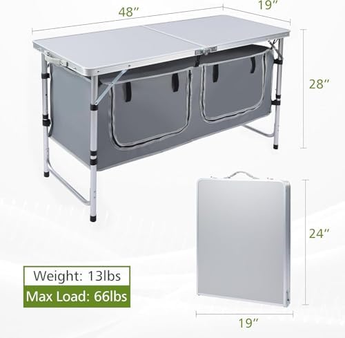 JOUYEK Camping Table, Folding Portable Kitchen Table with Storage Gray