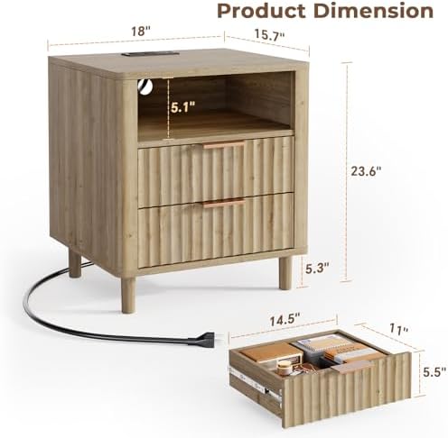 Fluted Nightstand with Charging Station, 2 Drawers Oak