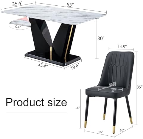 63" Modern Dining Table Set for 4, White Marble Dining Table with MDF Ba...