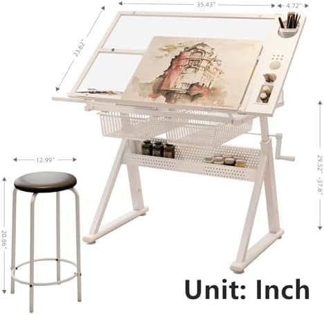 Drafting Desk w/Stool & Storage, Glass Art Table for Artists,White