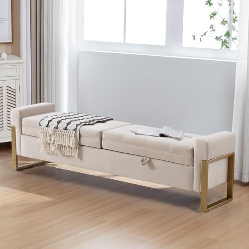 67" Storage Bench for Bedroom, End of Bed Bench King Size, Beige | Doubl...