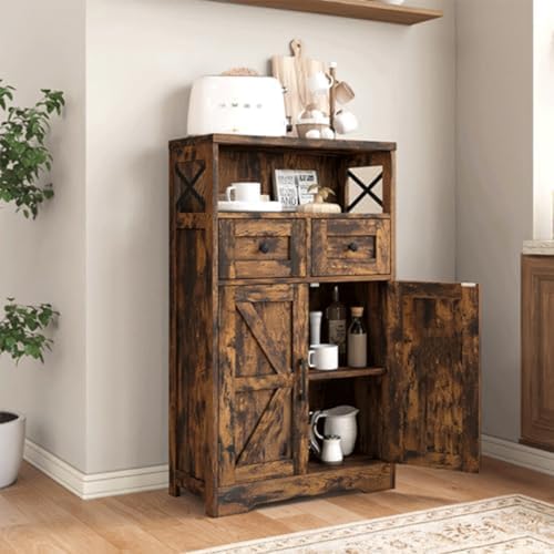 FiveWillowise Rustic Brown Farmhouse Storage Cabinet with Barn Doors and Shel...