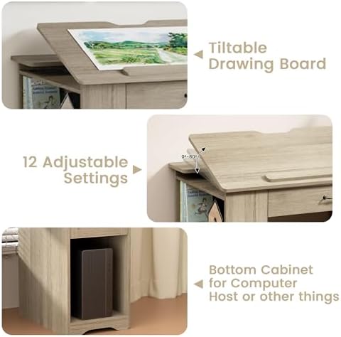 Drafting Table with Storage Cabinet & Drawers, Adjustable Drawing Desk wi...