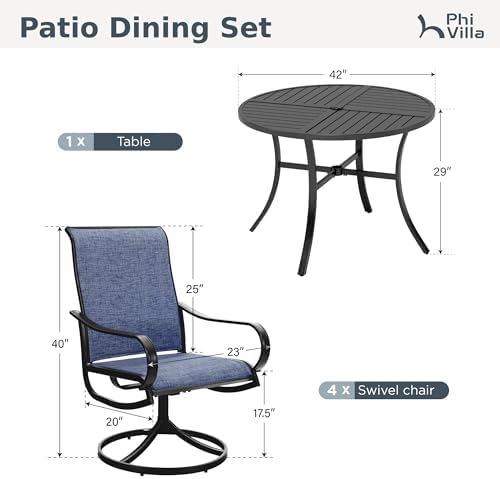 PHI VILLA Patio Dining Set for 4, Round Table & Swivel Mesh Chairs, Blue