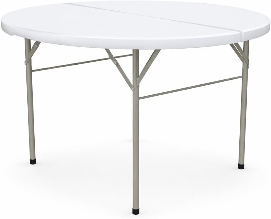 Round Folding Table, Heavy-Duty Plastic, White Granite, 48 Inch Diameter, Bi-...