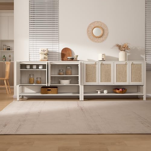 SICOTAS White Sideboard Buffet Cabinet with Rattan Doors, 55" Boho Credenza