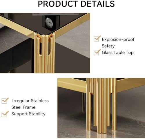 20” Square Glass End Table, 2-Tier Side Table with Black Tempered Glass Top G...