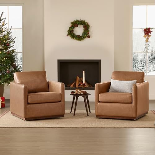 CHITA Genuine Leather Swivel Chair, Wood Frame, Fully Assembled, Saddle