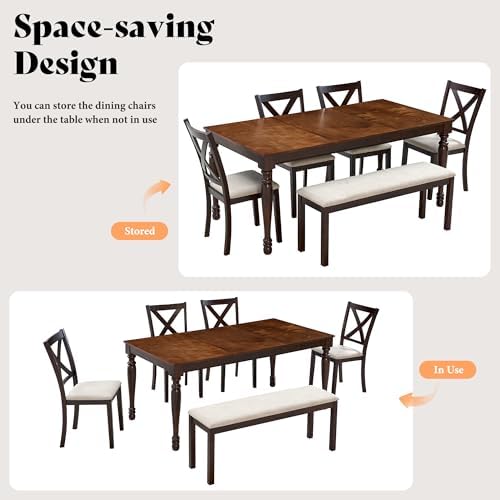 AMERLIFE 6 Piece Farmhouse Dining Set with 71" Solid Wood Table, Brown