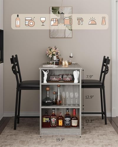 Garvee Extendable Bar Table and Chairs Set, 3 Piece Bar Table Set, Grey