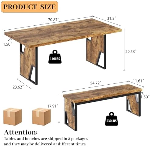 HIPIHOM 70.8" Wooden Dining Table with 2 Benches Kitchen Table and Chairs