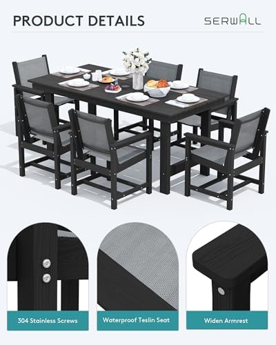 SERWALL 7 Pcs HDPE Patio Dining Set, HDPE Dining Set for 6, Black