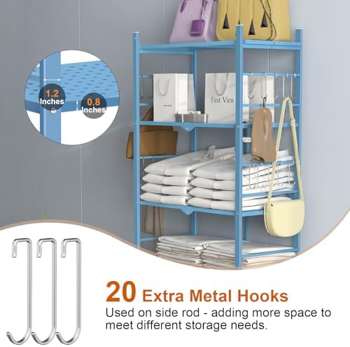Himix 5-Tier Foldable Storage Shelves with 20 Hooks Wheels Garage Blue