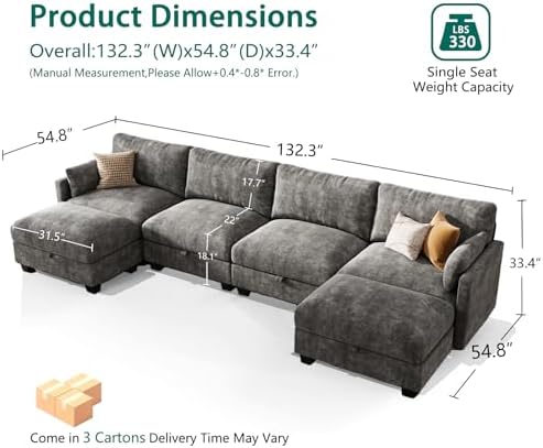 Modular Sectional Sofa, 132" U Shaped Couch with Storage, Chenille | Hig...