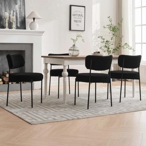 Boucle Dining Chairs Set of 4, White Mid Century Modern Kitchen Dining Room C...