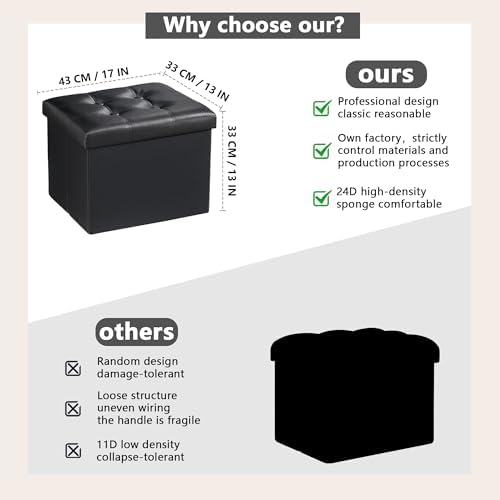 AmasSmile Ottoman with Storage,Folding Chest,17" Leather,Black 2 Pack