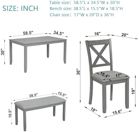 Merax 6-Piece Solid Wood Dining Table Set, Wooden Legs, Gray