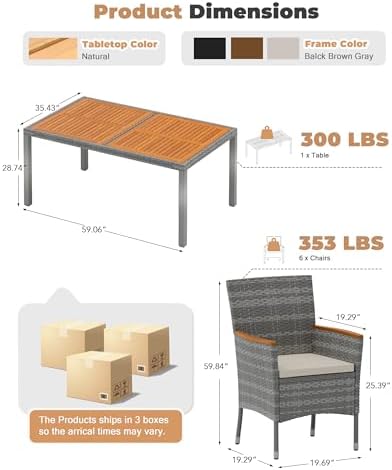Flamaker Patio Dining Set for 6 Outdoor Acacia Wood Table and Chairs, Gray