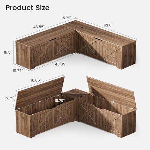 L Shaped Storage Bench, 63" Corner Bench with Storage, Breakfast Nook Be...