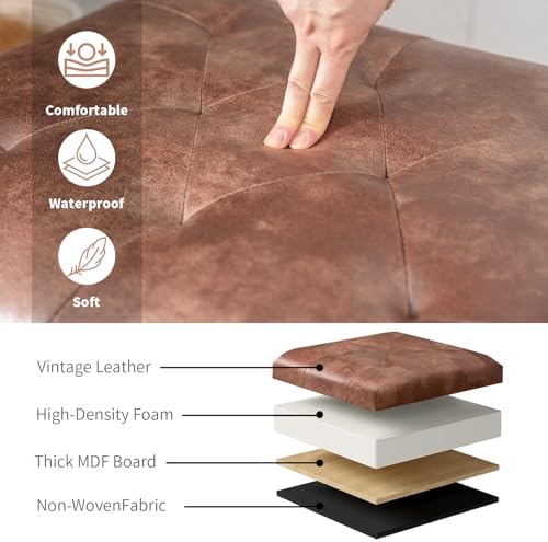Joveco Leather Storage Ottoman, 24" Rectangle Tufted Square Upholstered ...