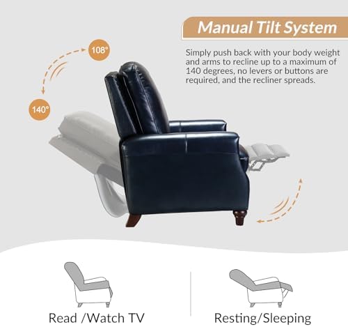 HULALA HOME Genuine Leather Manual Recliners Set of 2 with Wood Legs, Navy | ...