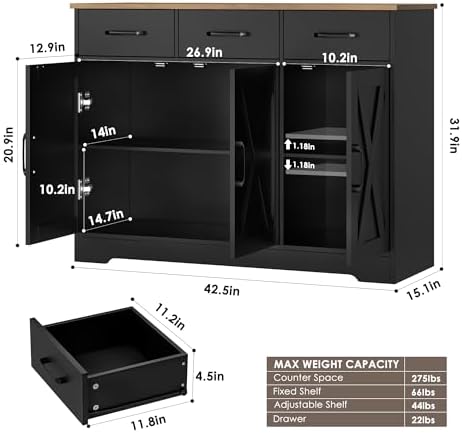 HOSTACK Kitchen Buffet Cabinet with Storage, Sideboard Coffee Bar, Black