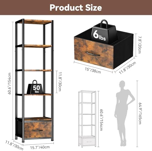 Housolution 6 Tier 60.6" Tall Bookshelf with Storage and LED Light, Brown